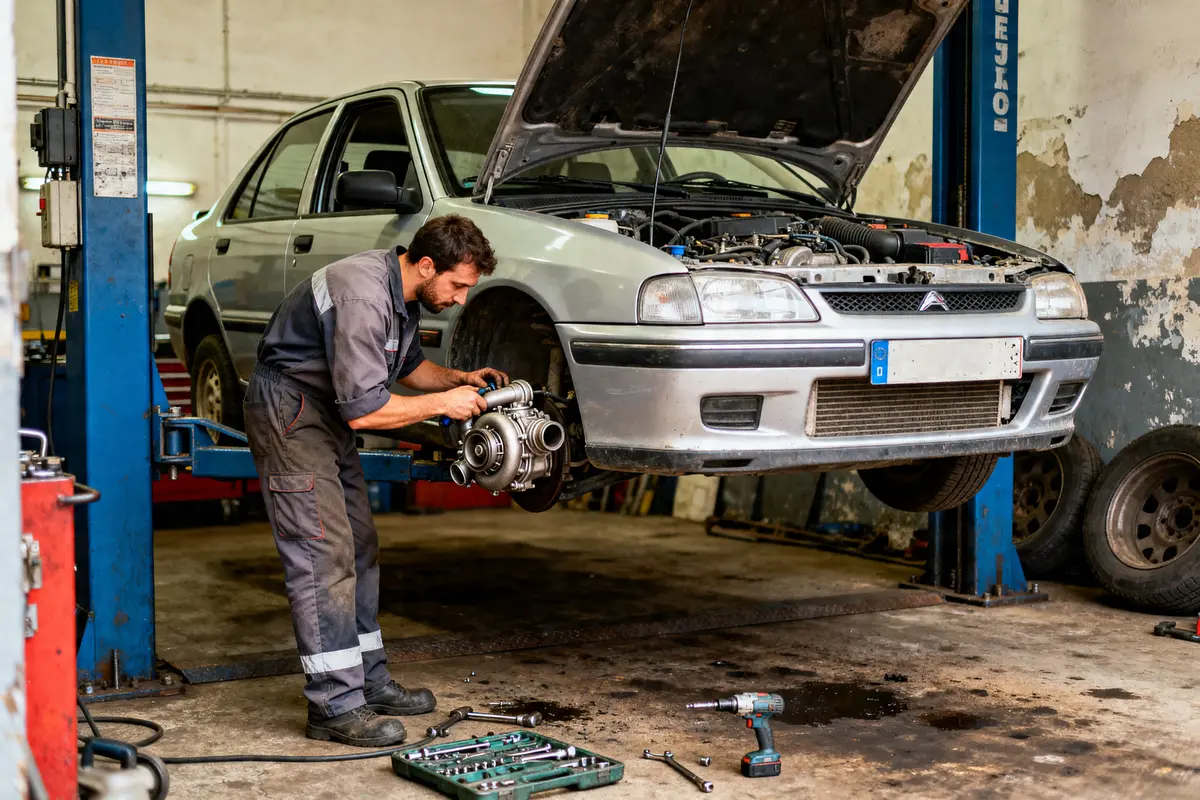 Mécanicien changer le turbo d'une voiture sur pont élévateur dans un garage auto